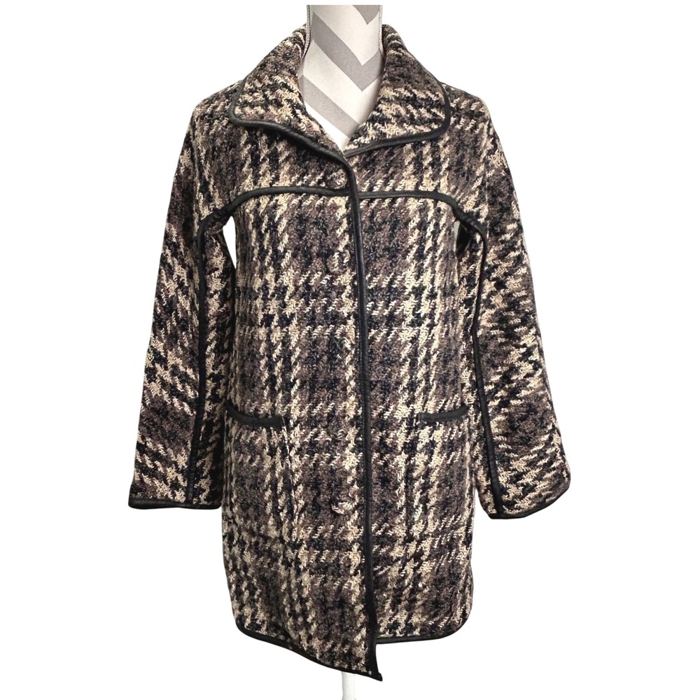 Darling Estelle Brown‎ Black Houndstooth Plaid Tweed Car Coat Wool Blend XS